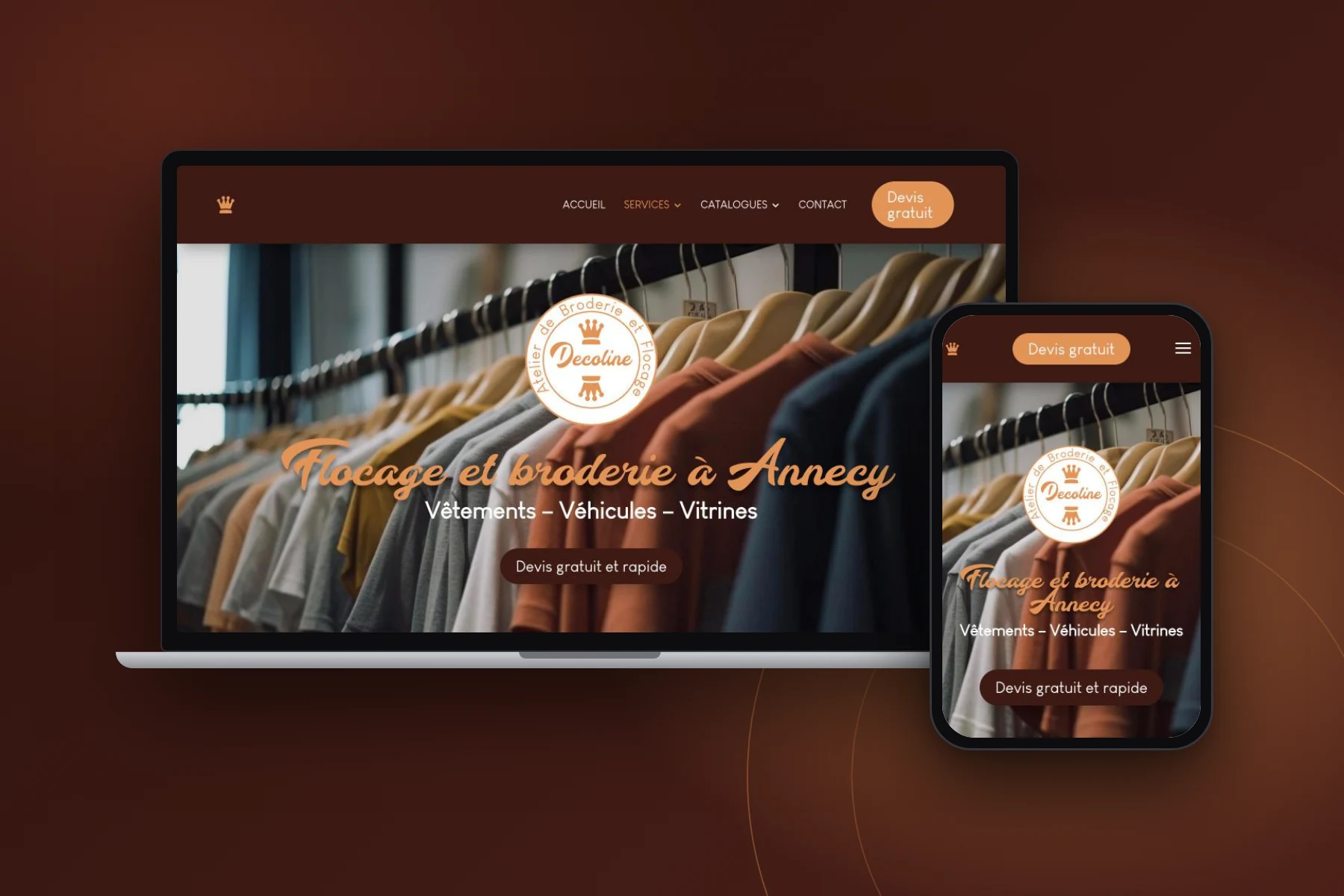 Site web de l'atelier de flocage et broderie Decoline à Annecy, version ordinateur et mobile