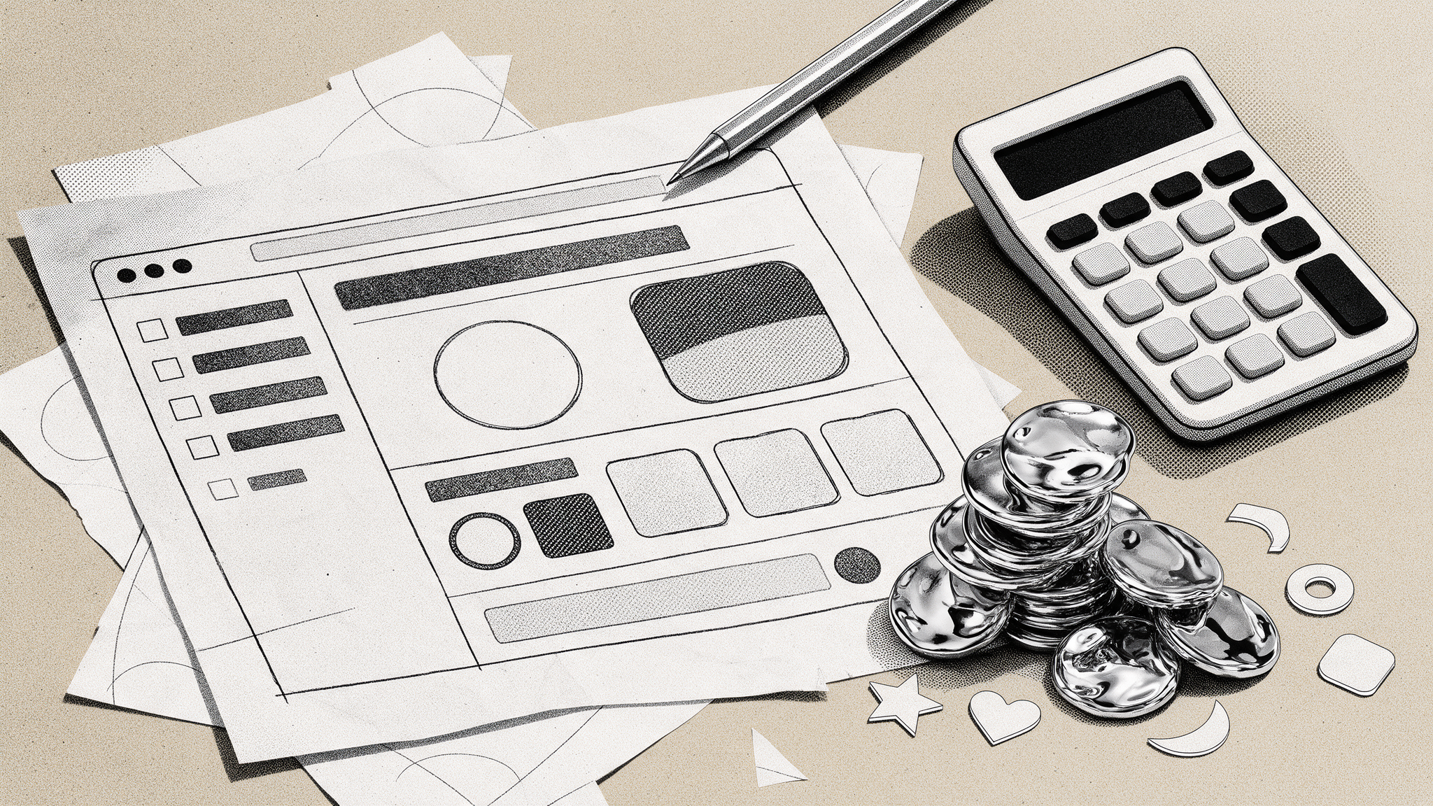 Illustration noir et blanc d'une calculatrice et de pièces chromées à côté d'une maquette de site internet