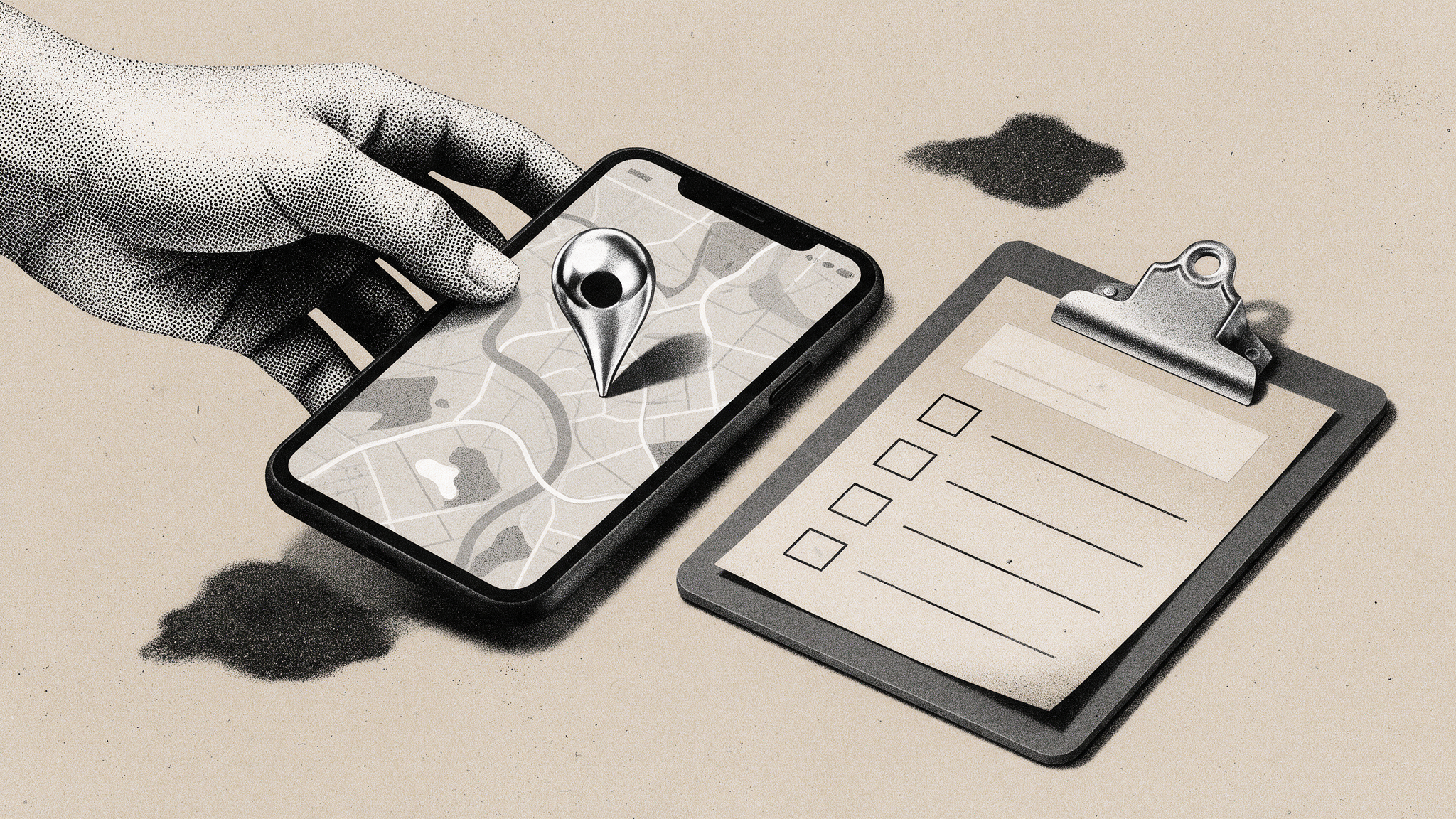 Illustration noir et blanc d'un smartphone affichant une carte avec un repère chromé et d'une checklist