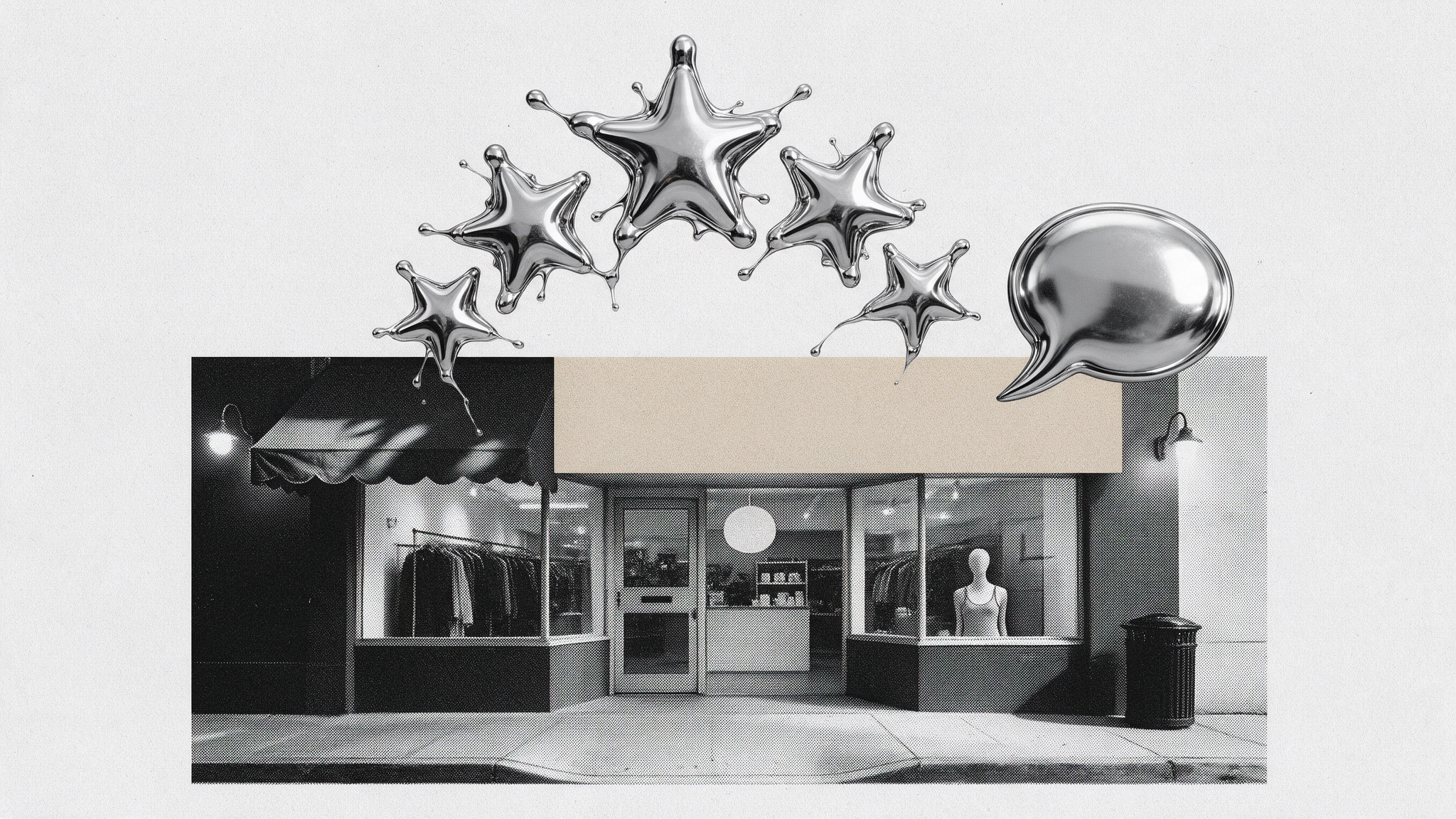 Illustration noir et blanc de cinq étoiles chromées au-dessus d'une boutique et d'une bulle de dialogue