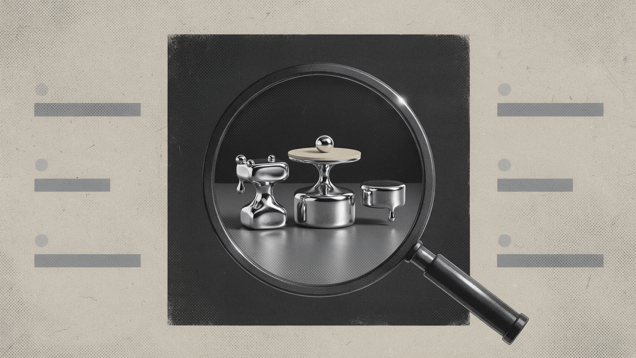 Illustration noir et blanc d'une loupe sur une page de résultats de recherche avec un podium chromé